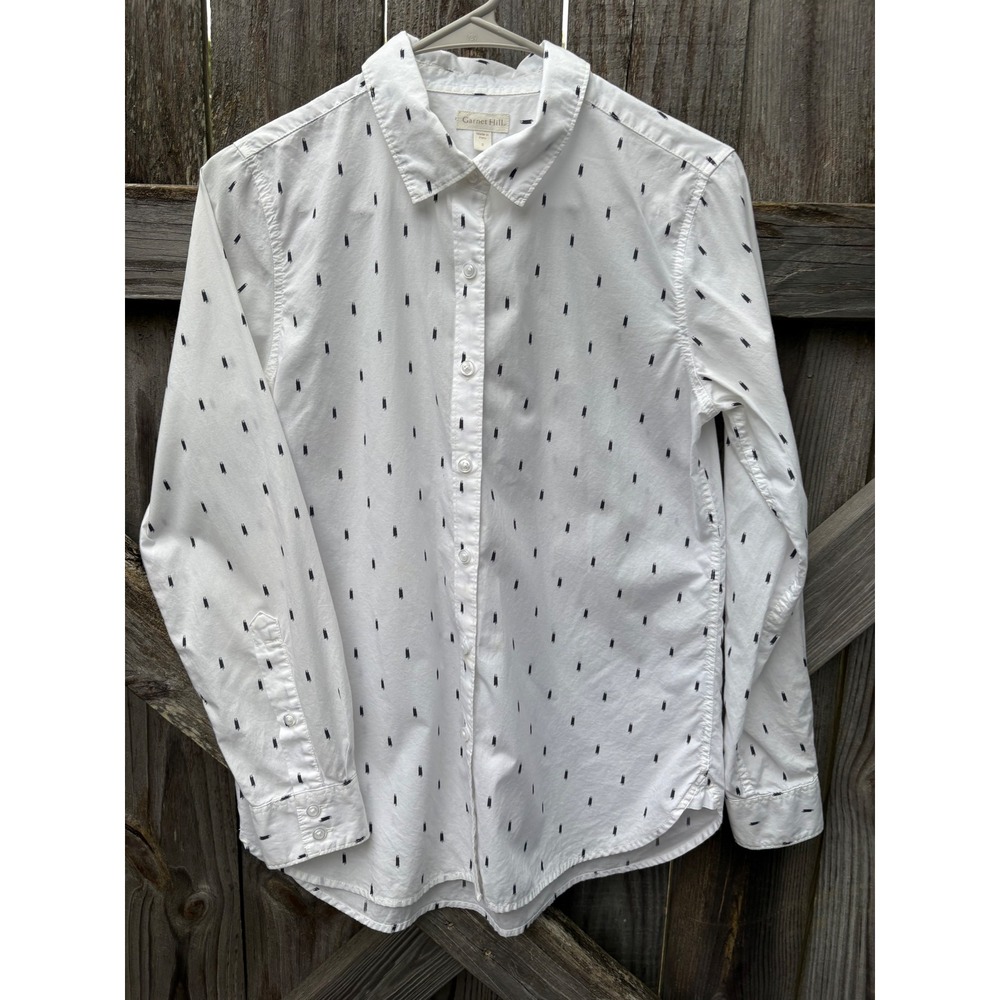 Garnet Hill Organic Pima Cotton Dash Print Button Down Shirt White Navy Size 2